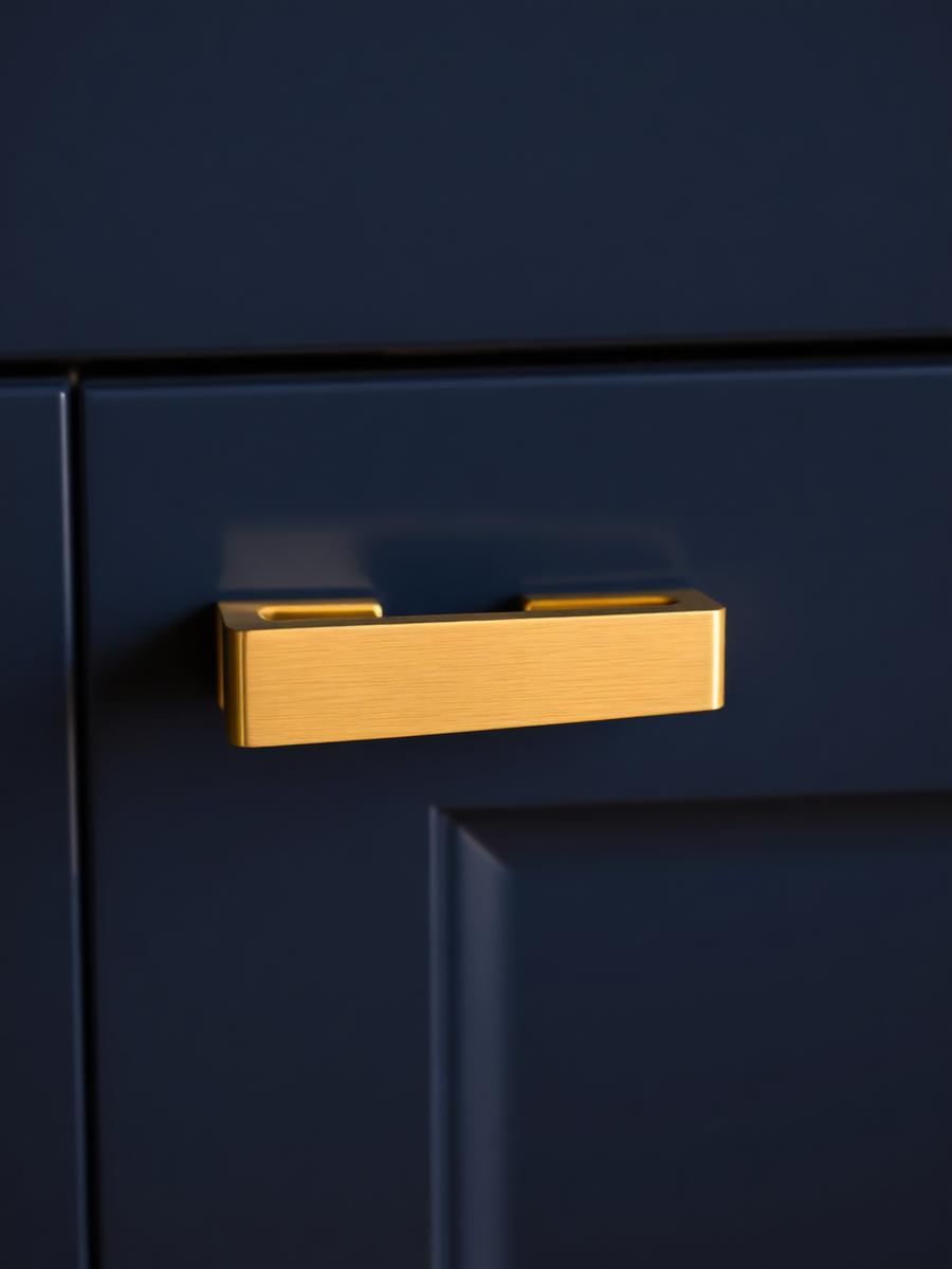 Brushed brass cabinet handle on a navy cabinet front