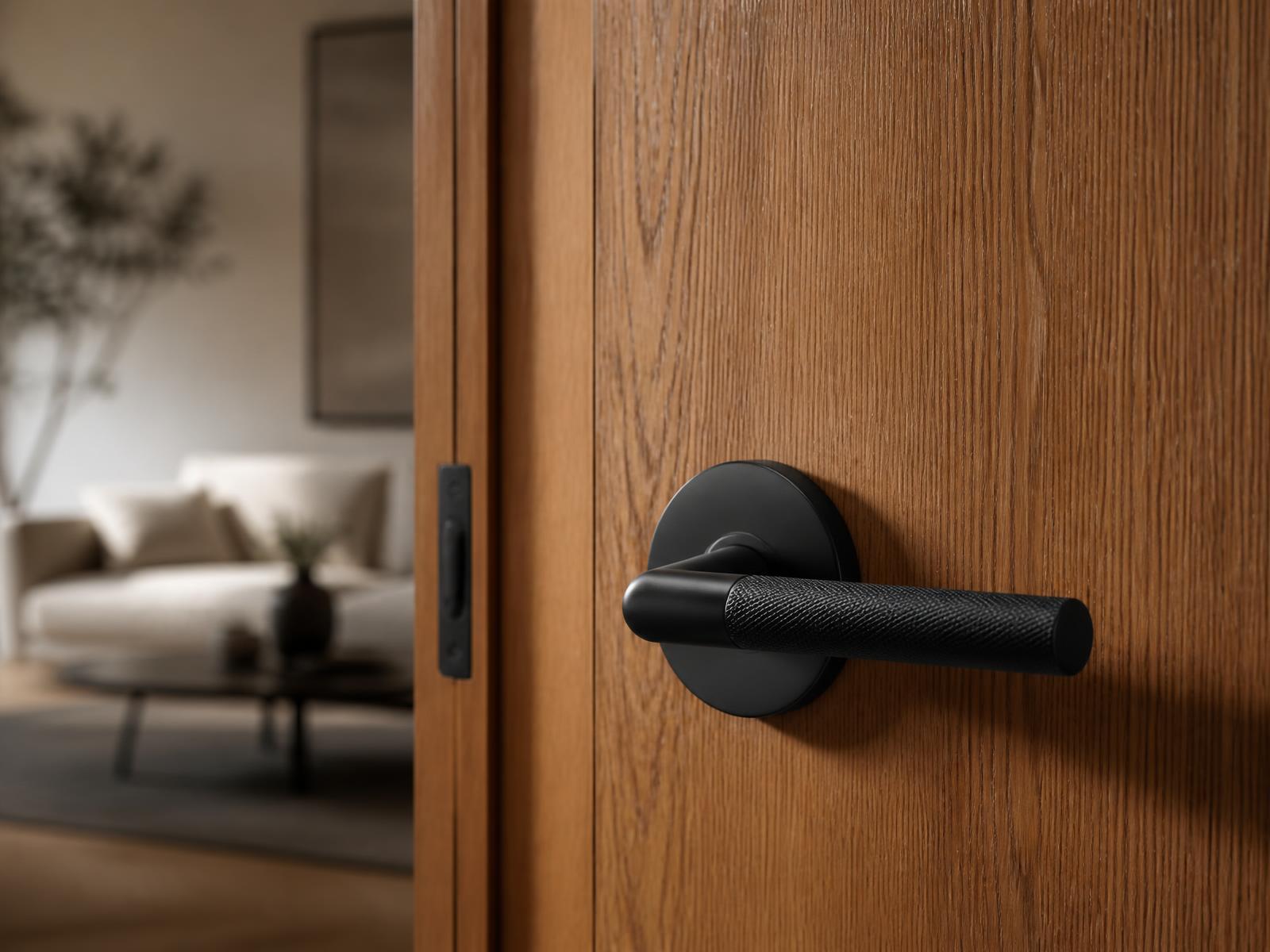 Matte black lever handle fitted to an oak interior door